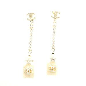 Chanel CC Logo Perfume Bottle Swing Earrings Rhinestone Faux Pearl Both